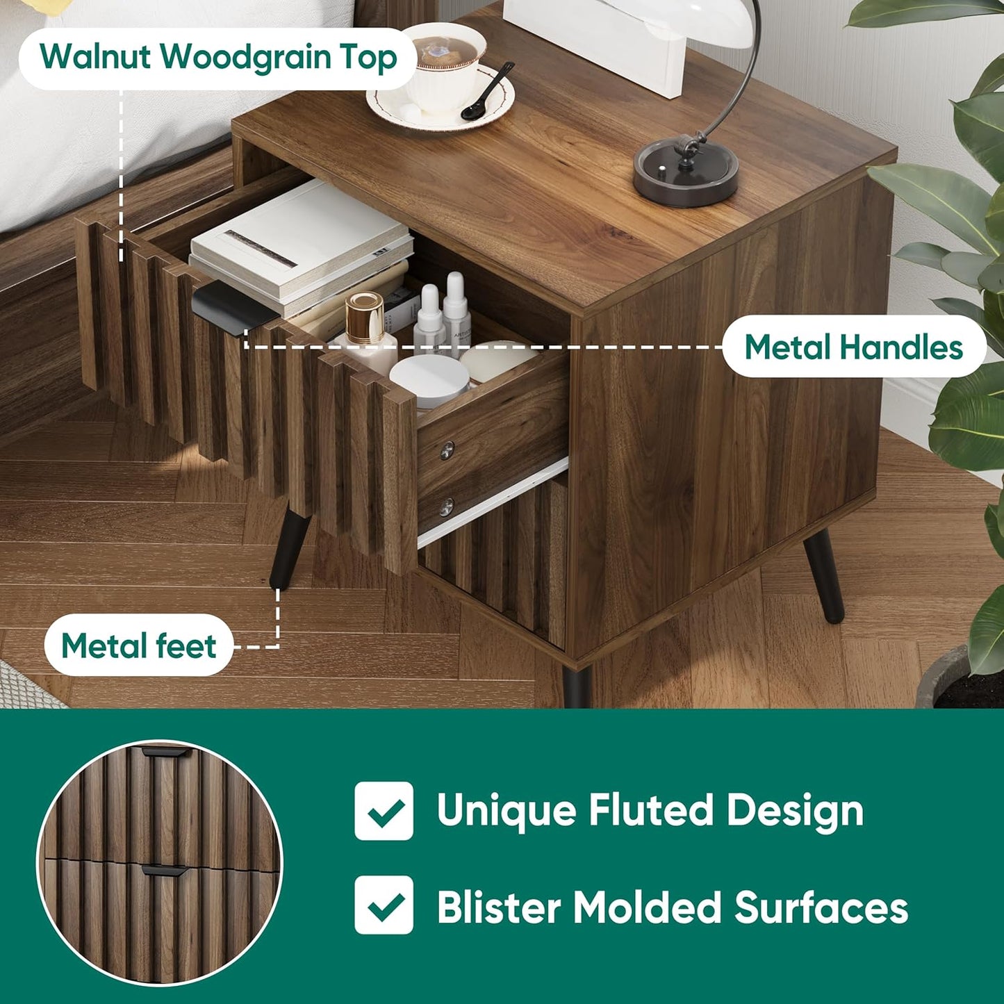 Smuxee Walnut Wooden Night Stand, Mid Century Nightstand with 2 Fluted Drawers, Bedside Table with