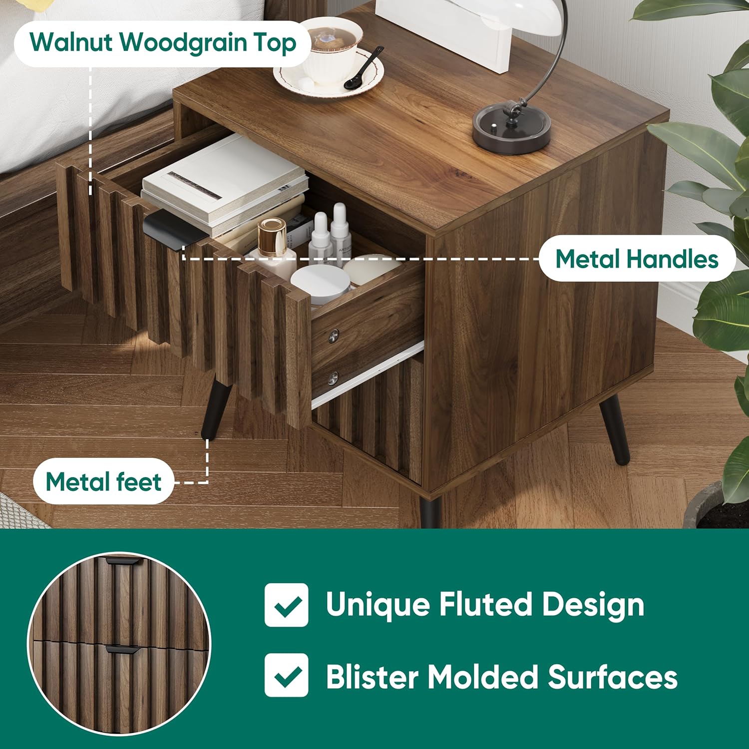 Smuxee Walnut Wooden Night Stand, Mid Century Nightstand with 2 Fluted Drawers, Bedside Table with