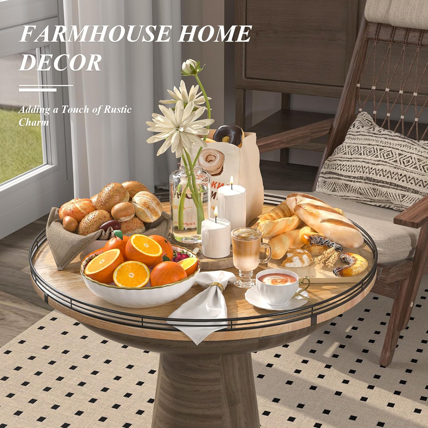 24" Lazy Susan Oak Wood Turntable Organizer for Cabinet, Farmhouse Round Wooden Large Lazy Susan