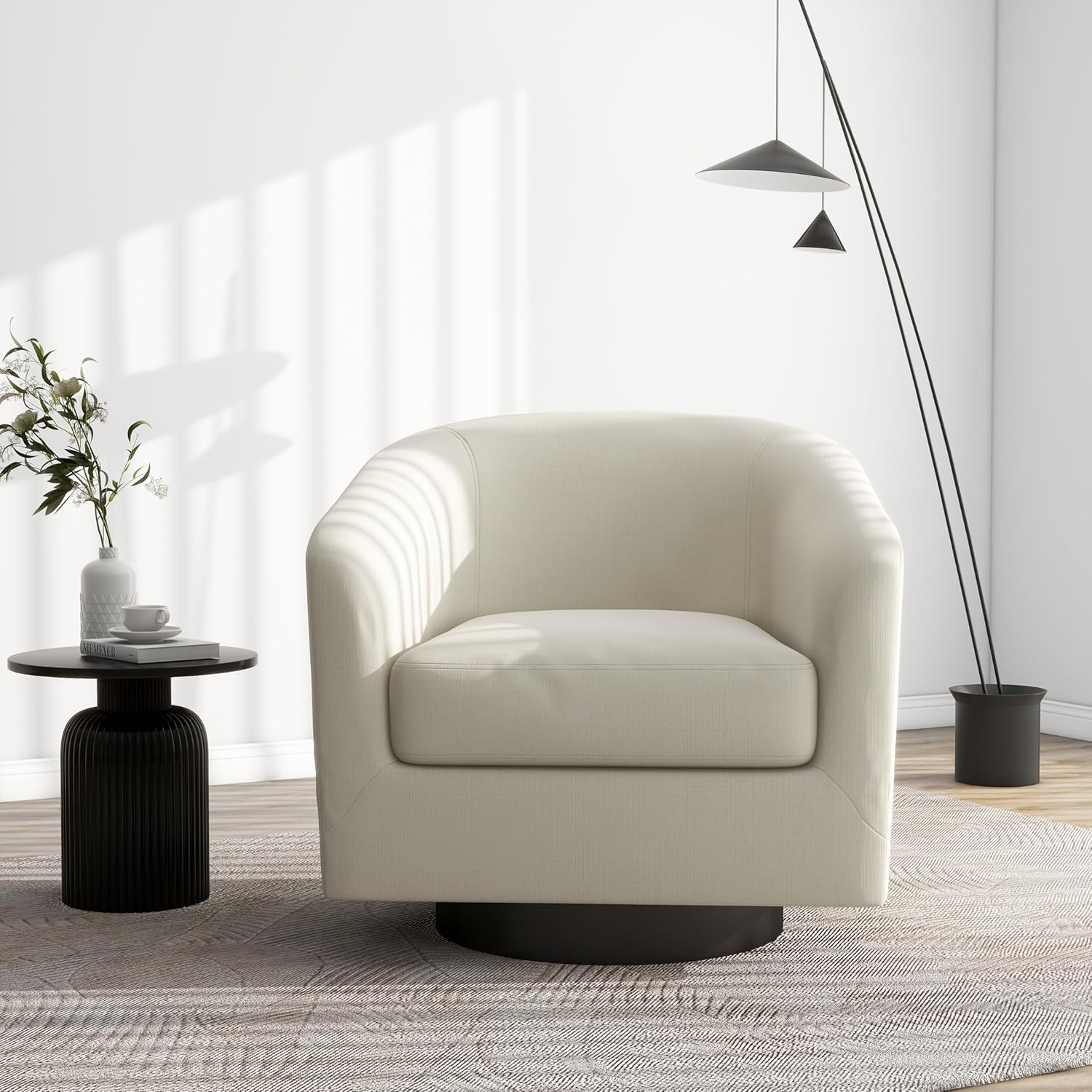Swivel Barrel Accent Chair, Modern Round Linen Arm Chair for Living Room, Bedroom, Comfy Club