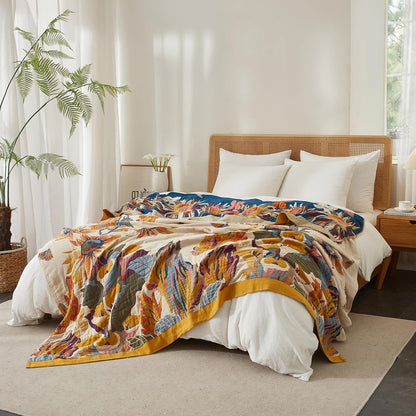 Boho Throw Blanket for Bed 80”x90”, 100% Cotton Woven Blanket for Couch Sofa, Ultra Soft 4-Layer