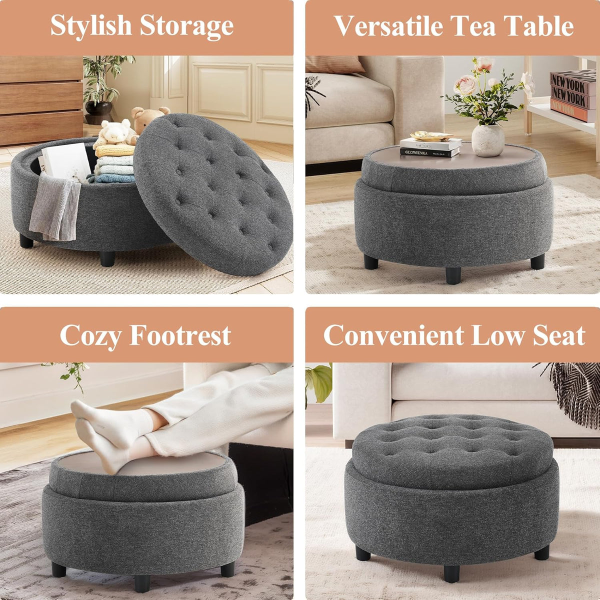 COLAMY Fabric Round Storage Ottoman with Reversible Tray Lid – Multi-Functional Footrest, Hidden