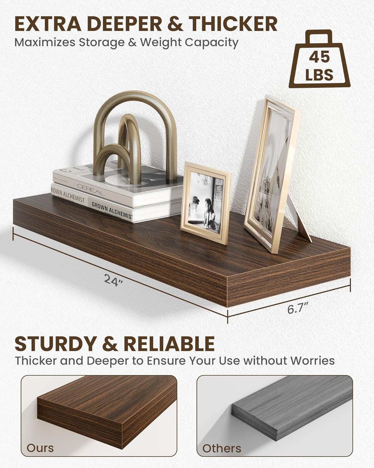 Marsmiles 24" Floating Shelves for Wall, Wooden Shelves with Invisible Brackets Set of 2, Rustic