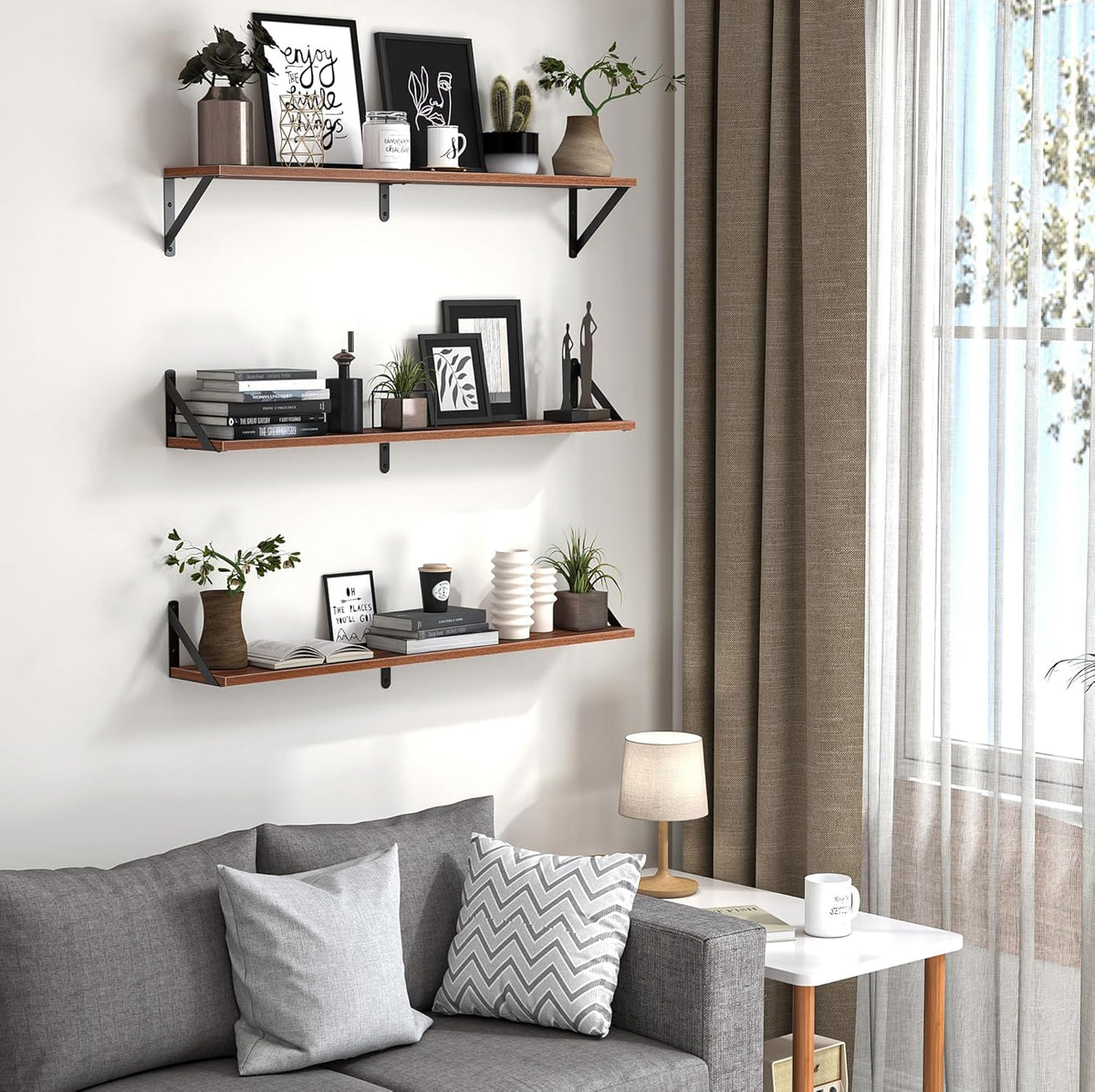 Heimlove Floating Shelves for Wall, 36 Inch Long Wood Floating Bookshelf Set of 3, Wall Mounted