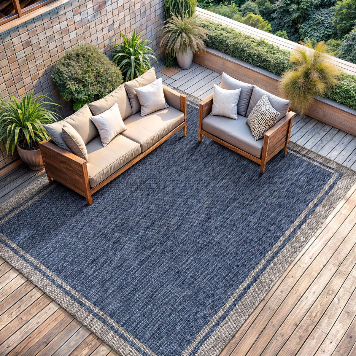 CAMILSON Outdoor Rug, 9x12 Bordered Navy Blue Gray Modern Large Area Rugs for Indoor and Outdoor