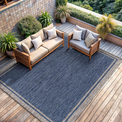 CAMILSON Outdoor Rug, 9x12 Bordered Navy Blue Gray Modern Large Area Rugs for Indoor and Outdoor