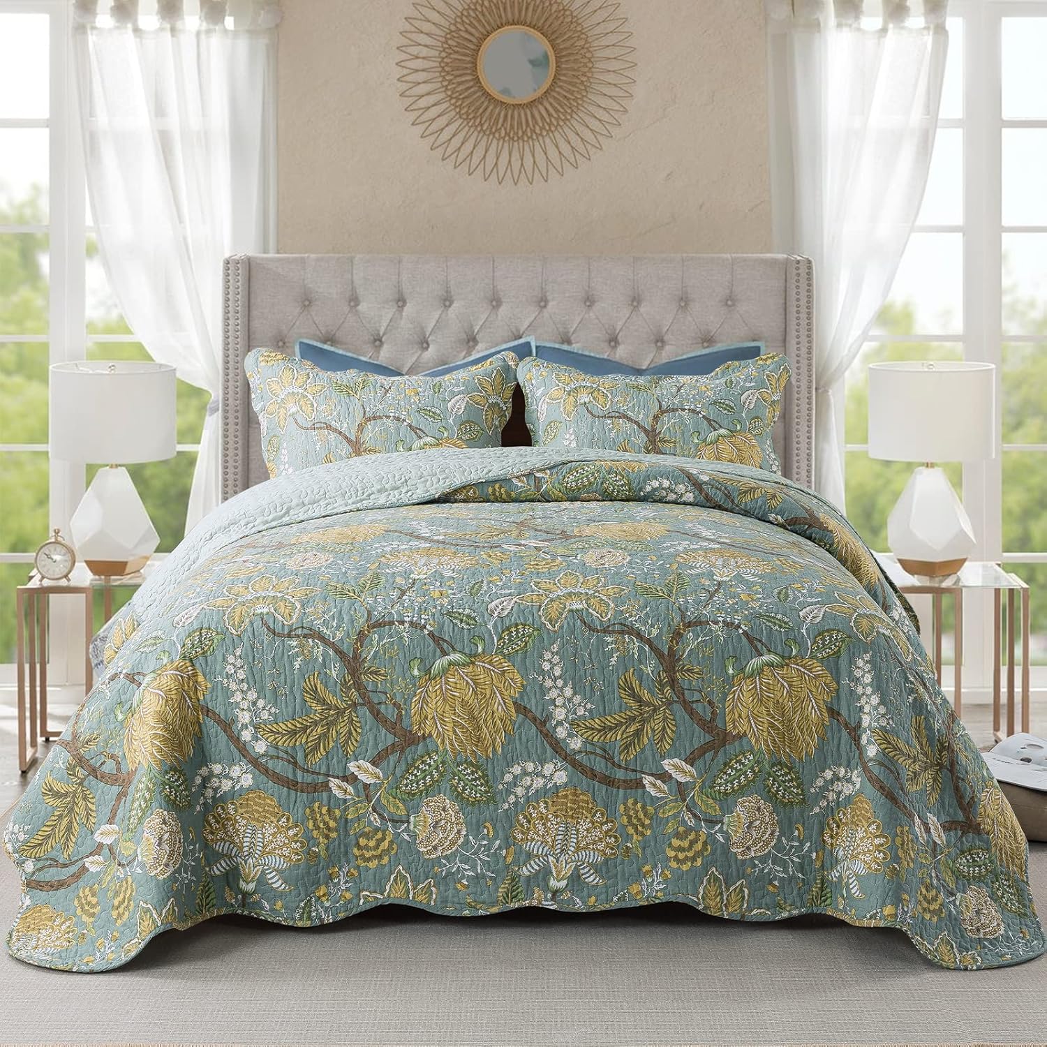 NEWLAKE Cotton Bedspread Quilt Sets-Reversible Patchwork Coverlet Set, Green Floral Pattern, Queen