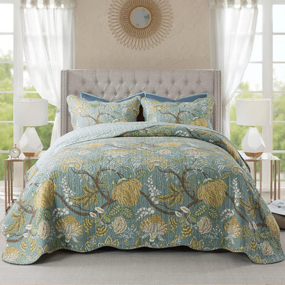 NEWLAKE Cotton Bedspread Quilt Sets-Reversible Patchwork Coverlet Set, Green Floral Pattern, Queen