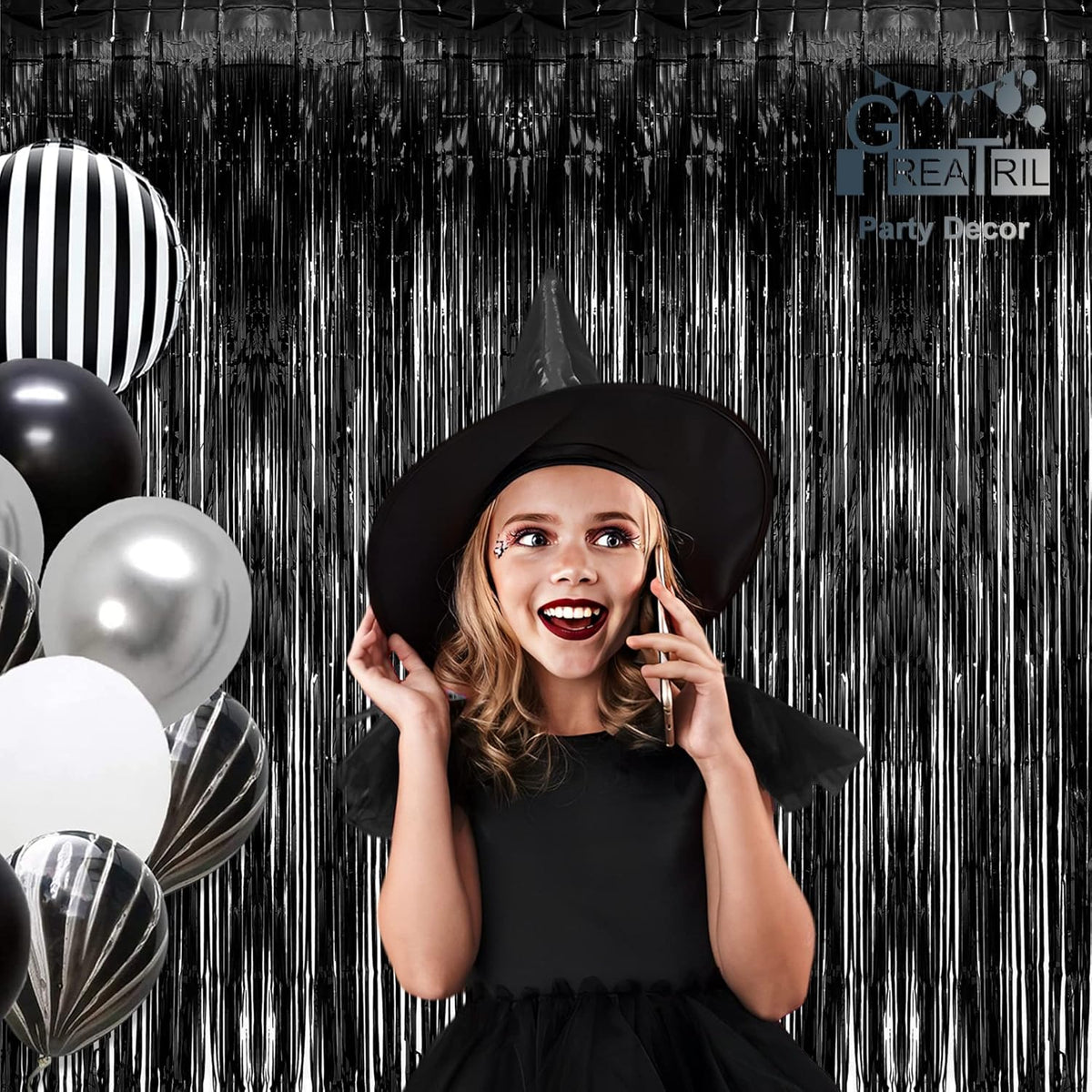Black Tinsel Backdrop Curtain - GREATRIL Tinsel Curtain Party Backdrop Streamers for Wizard