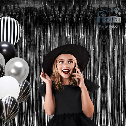 Black Tinsel Backdrop Curtain - GREATRIL Tinsel Curtain Party Backdrop Streamers for Wizard
