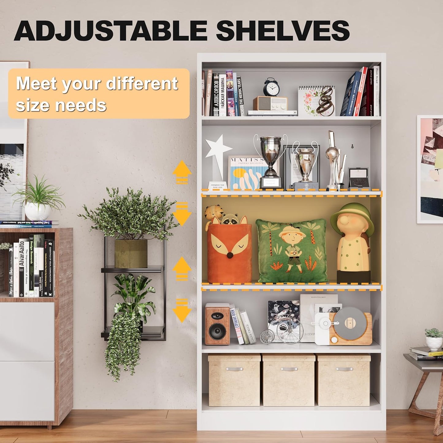 66" Tall Metal Bookcase, 5 Shelf White Bookcase with Adjustable Shelves, Large Bookshelves and