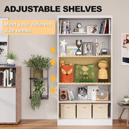 66" Tall Metal Bookcase, 5 Shelf White Bookcase with Adjustable Shelves, Large Bookshelves and