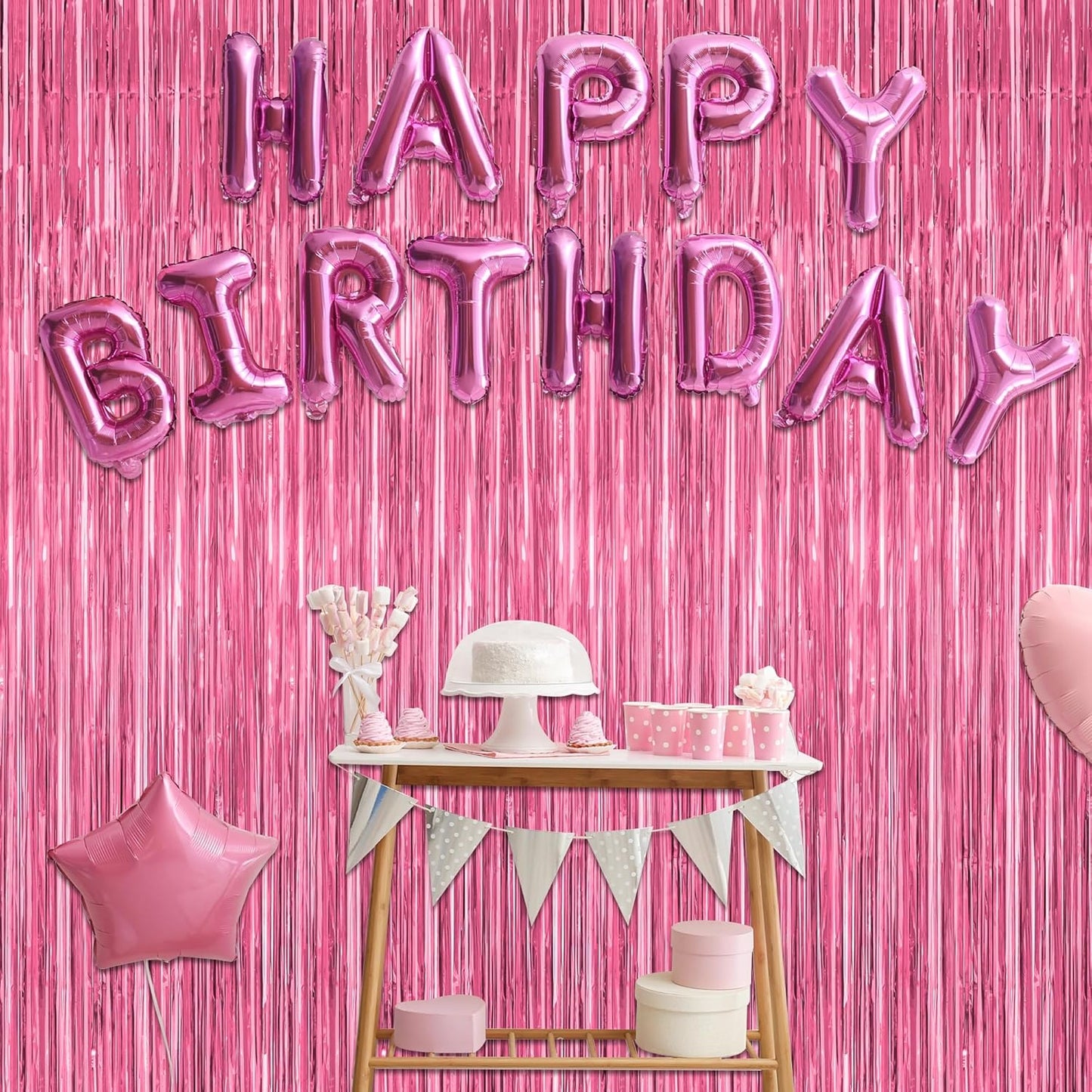 2 Pack Pink Party Decorations, 3.28 FT x 7.05 FT Pink Backdrop, Metallic Tinsel Backdrop Fringe