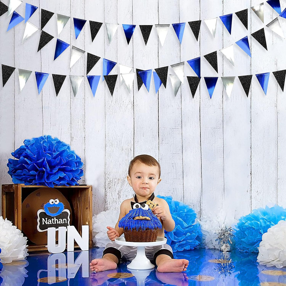 30Ft Navy Blue Black and Silver Party Decorations Royal Blue Triangle Flag Pennant Banner Bunting