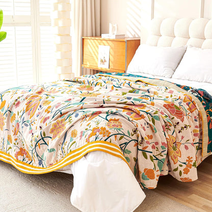 Boho Throw Blanket, 100% Organic Cotton Breathable Ultra Soft 91" x 98" Bed Quilt Throw - All
