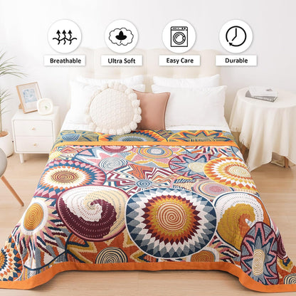 Boho Throw Blanket, 100% Organic Muslin Cotton Breathable Ultra Soft Bed Quilt Throw - All Season
