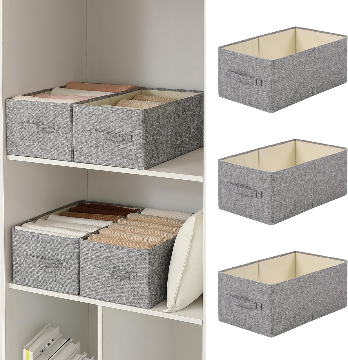 Linen Folding Storage Bins, 3 Pack Large Storage Baskets, Washable, Clothing Storage Bins with