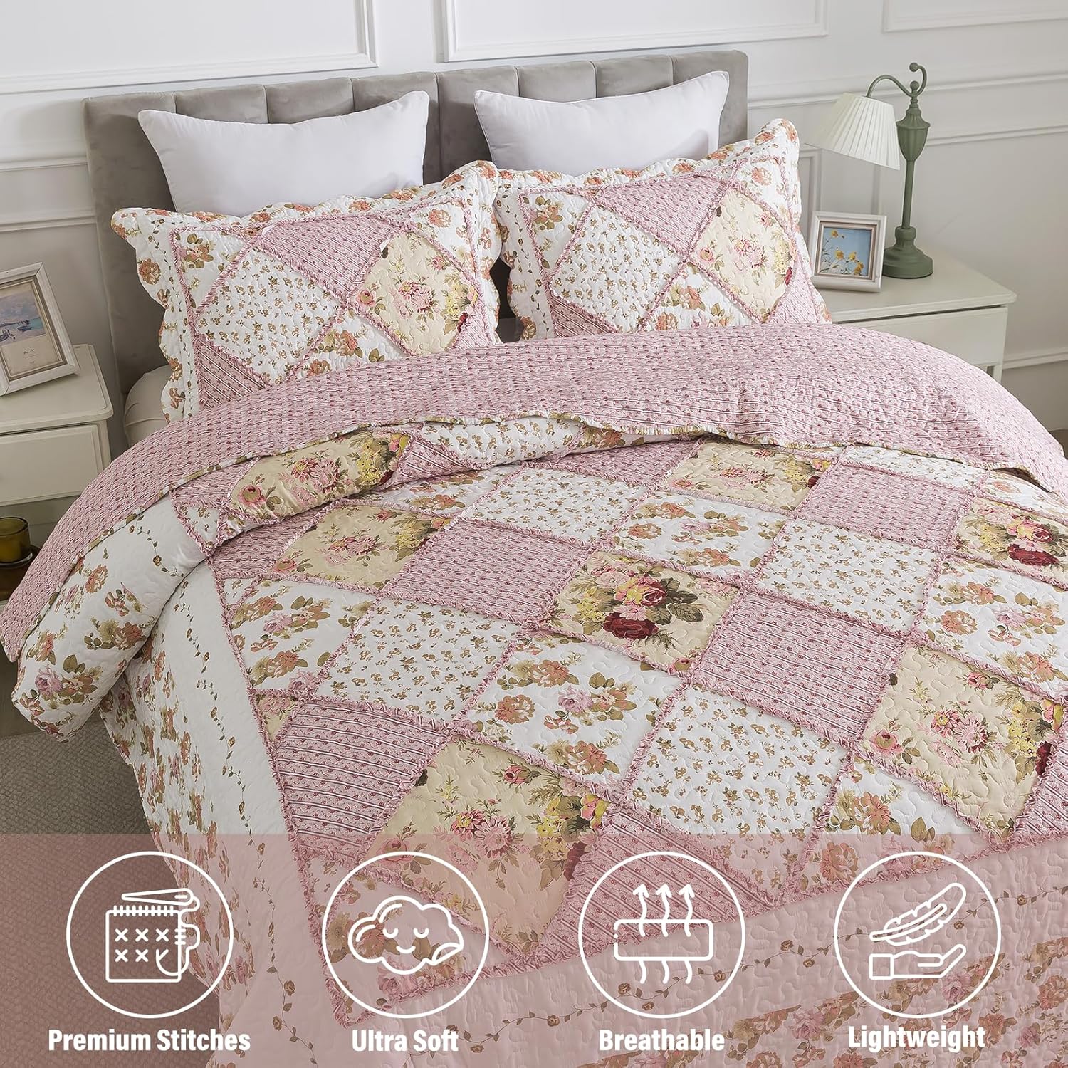 NEWLAKE Quilt Set Queen Size, Bedspread Sets Pink Botanical Floral, Reversible Quilt Bedding Set