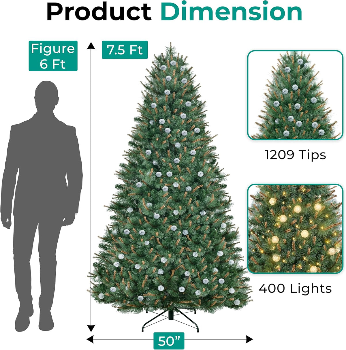 Selena 7.5ft Prelit Artificial Christmas Tree with 1209 Branch Tips, 400 Warm Lights and Metal
