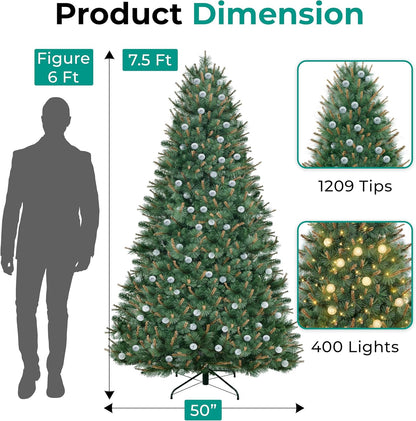 Selena 7.5ft Prelit Artificial Christmas Tree with 1209 Branch Tips, 400 Warm Lights and Metal