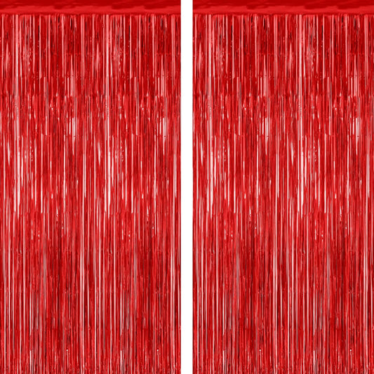2 Pack Red Tinsel Backdrop, 3.28 FT x 7.05 FT Fringe Curtains, Red Foil Tinsel Party Streamer