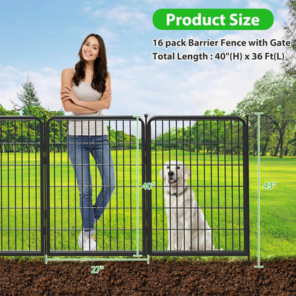 Decorative Black Metal Fencing Garden Fence with Gate, 36ft(L) 40in(H) 16 Fence Panels No Dig Fence