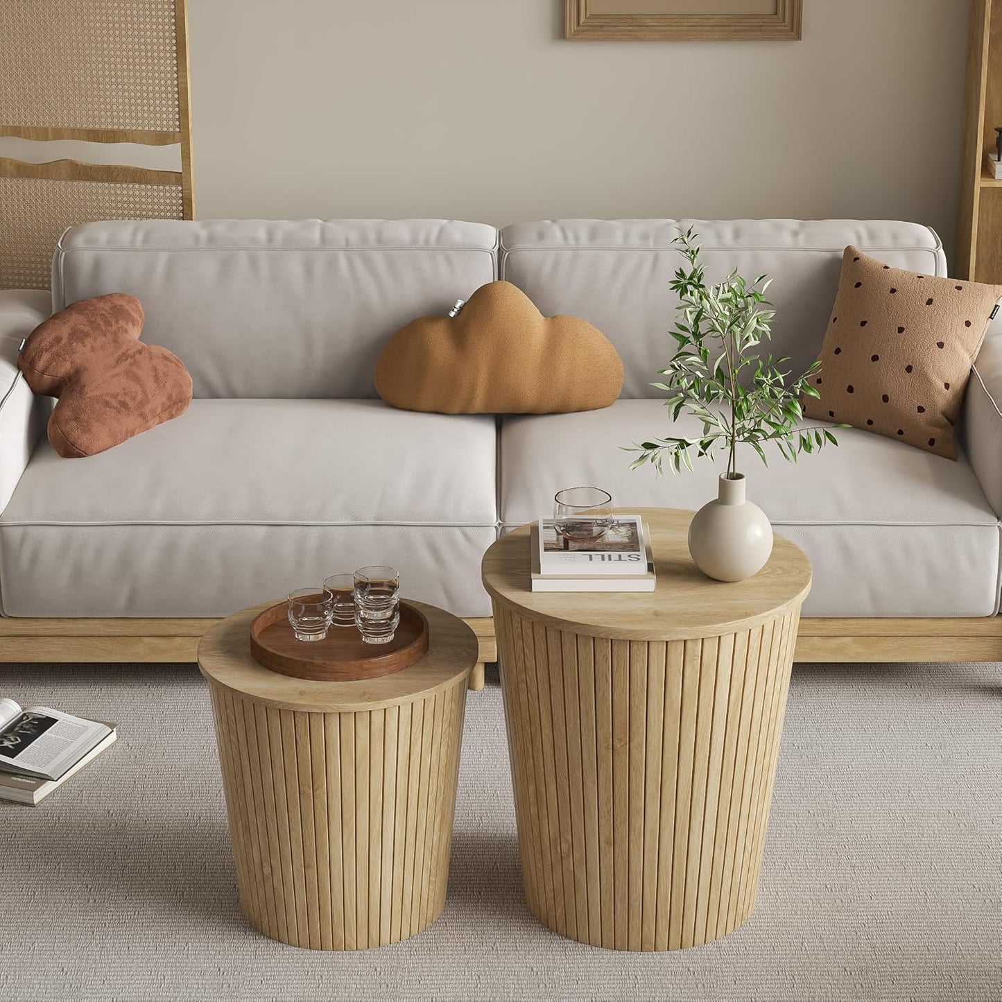 Nest Coffee Table Set of 2 with Round End Table, Farmhouse Design, Removable Wood Top and Wood