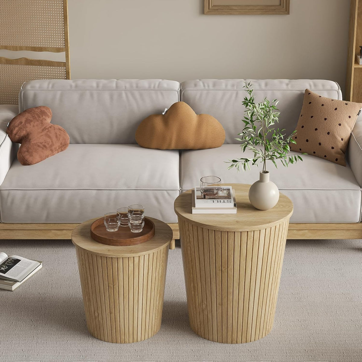 Nest Coffee Table Set of 2 with Round End Table, Farmhouse Design, Removable Wood Top and Wood