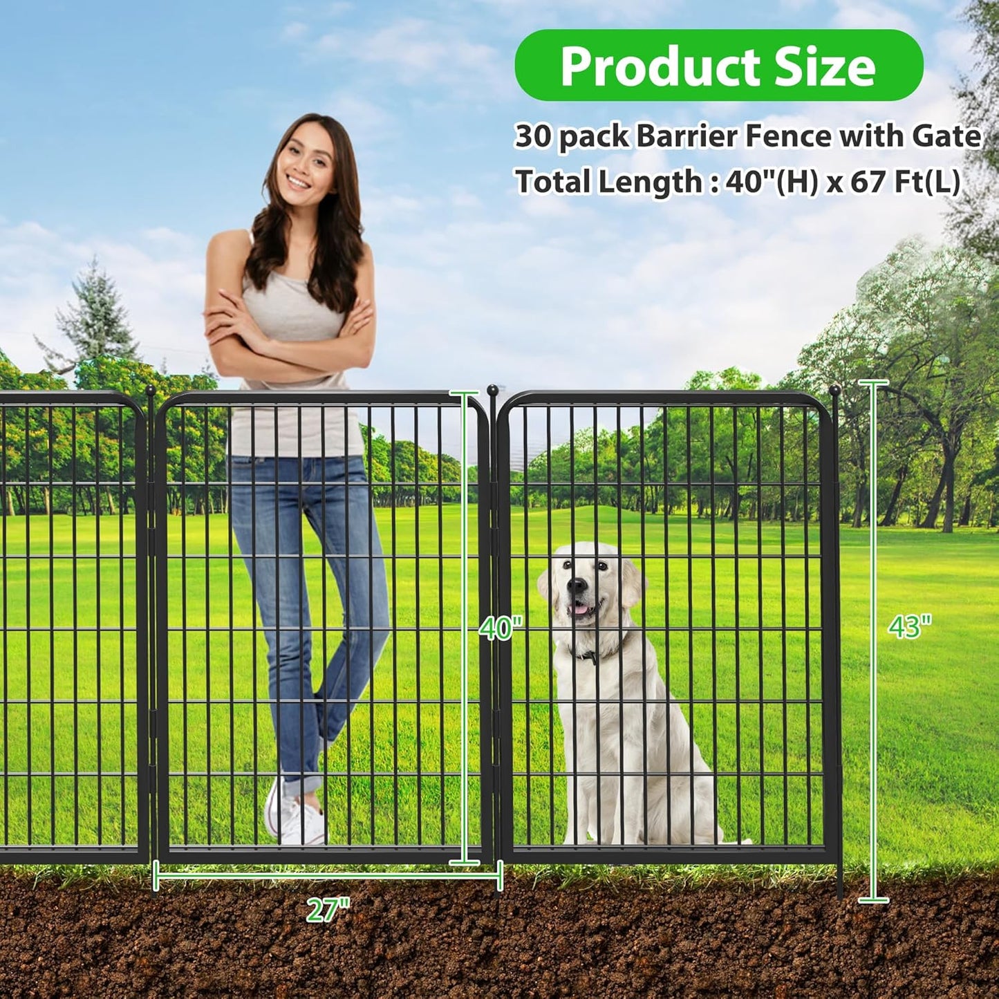 Decorative Black Metal Fencing Garden Fence with Gate, 67ft(L) 40in(H) 30 Fence Panels No Dig Fence