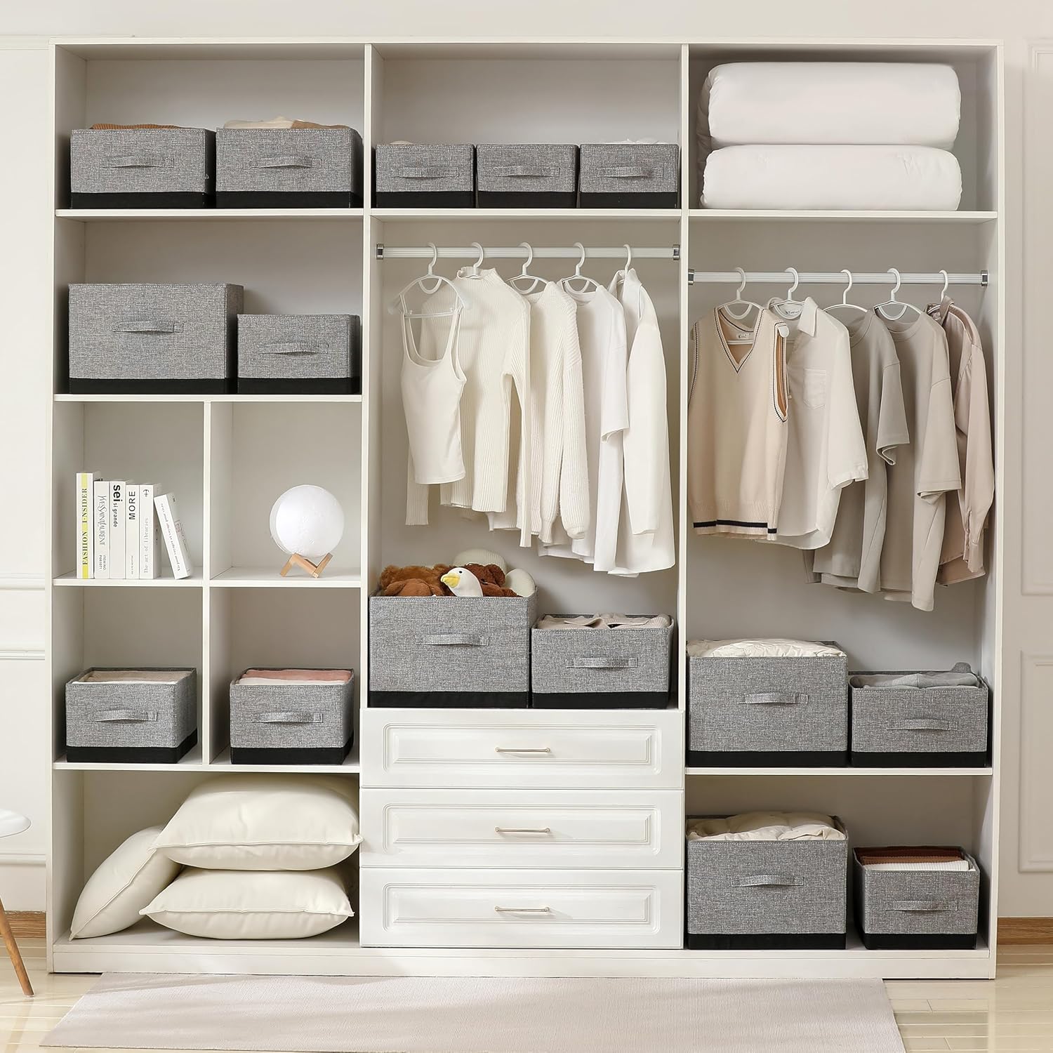 Linen Folding Storage Bins, 3 Pack Large Storage Baskets, Washable, Clothing Storage Bins with