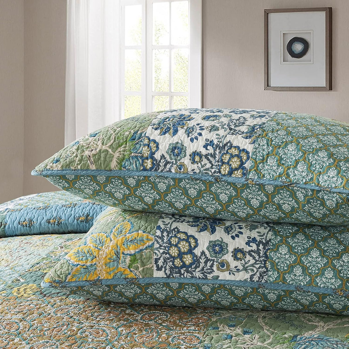 NEWLAKE Cotton Patchwork Bedspread, 3-Piece Bedding Quilt Set with Real Stitched Embroidery