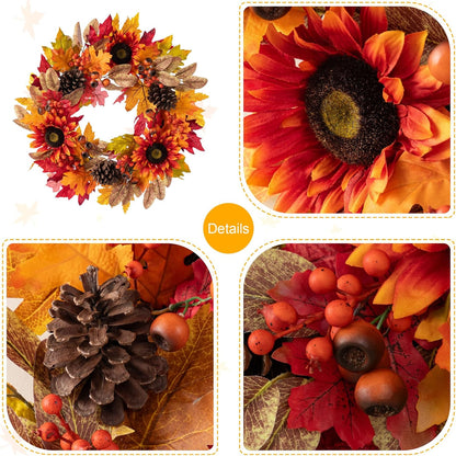 Glitzhome 24''D Fall Wreath with Hanger, Artificial Autumn Wreath for Front Door with Sunflower