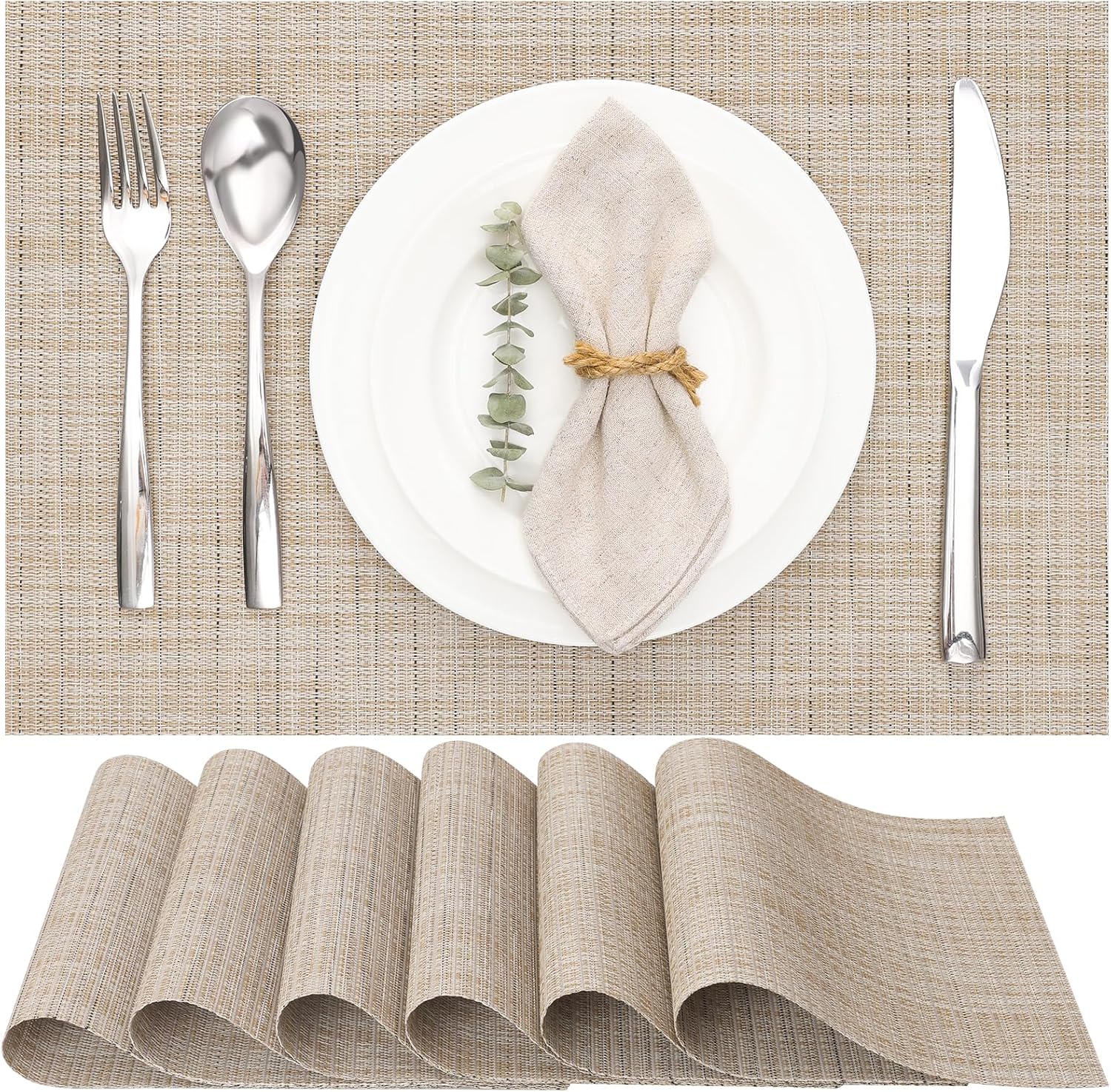 Myir JUN Placemats Set of 6, Vinyl Woven Placemats Place Mats Indoor Washable Table Mats Non-Slip