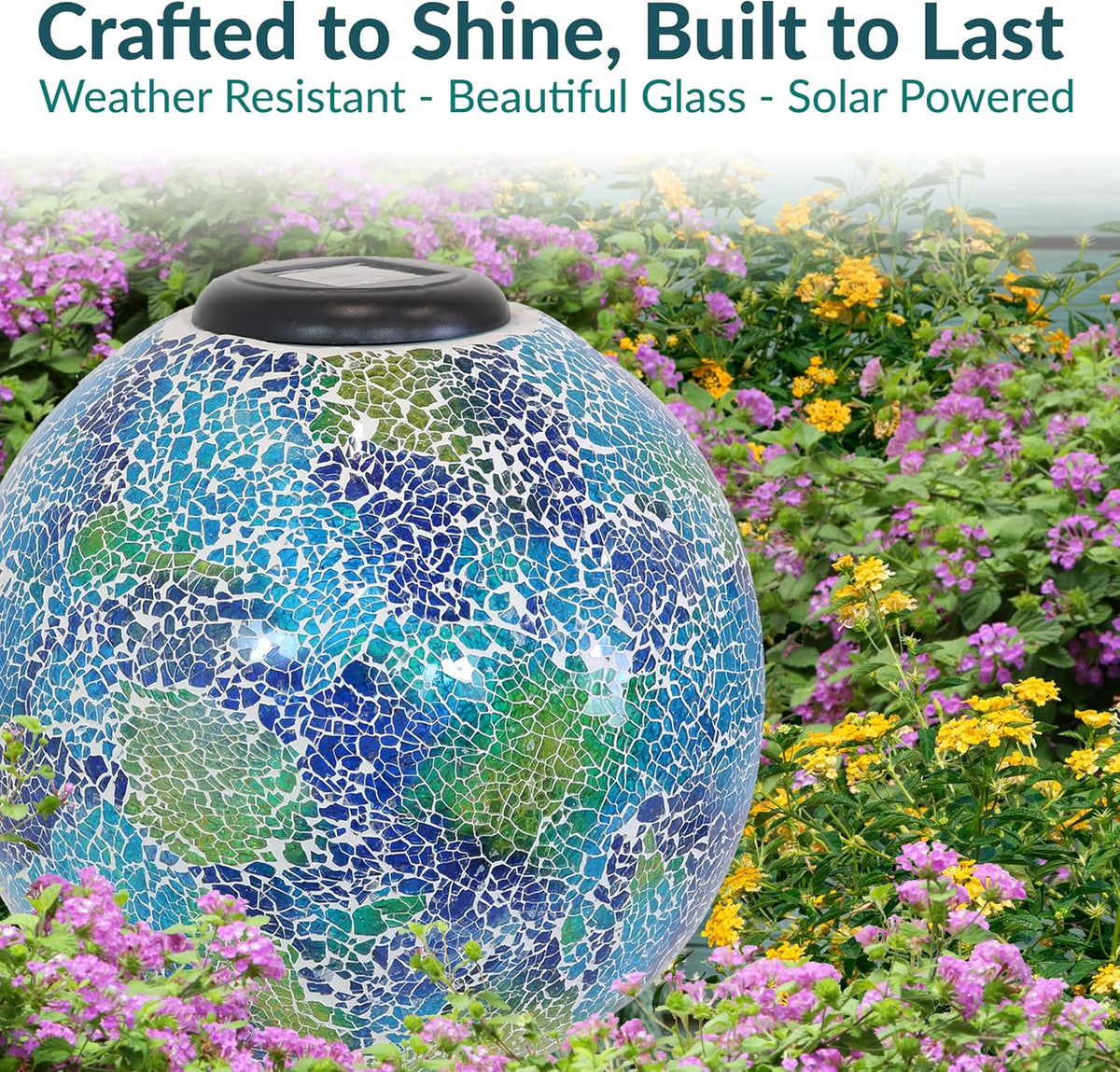 Sunnydaze 10 inch Solar Gazing Ball for Garden - Glass Outdoor Gazing Globe - Crackled Azul Terra
