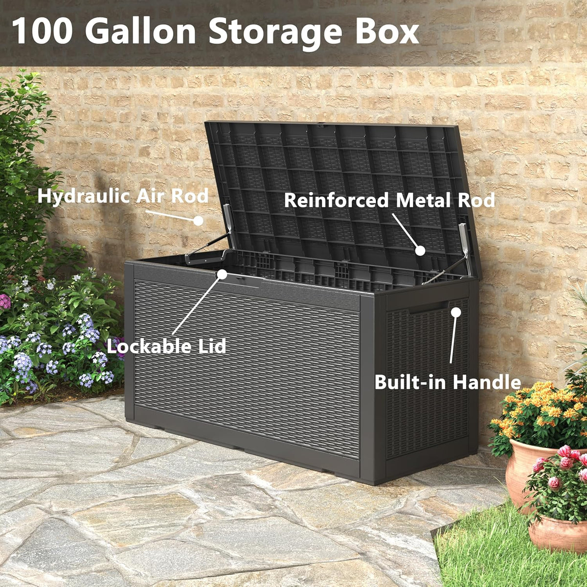 KAMABOKO 101 Gallon Waterproof Large Resin Deck Box, Lockable Large Outdoor Storage Boxes Indoor