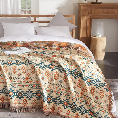 Boho Throw Blanket for Couch Sofa Bed, 100% Cotton Woven Quilt with Tassel 80”x90”, Super Soft