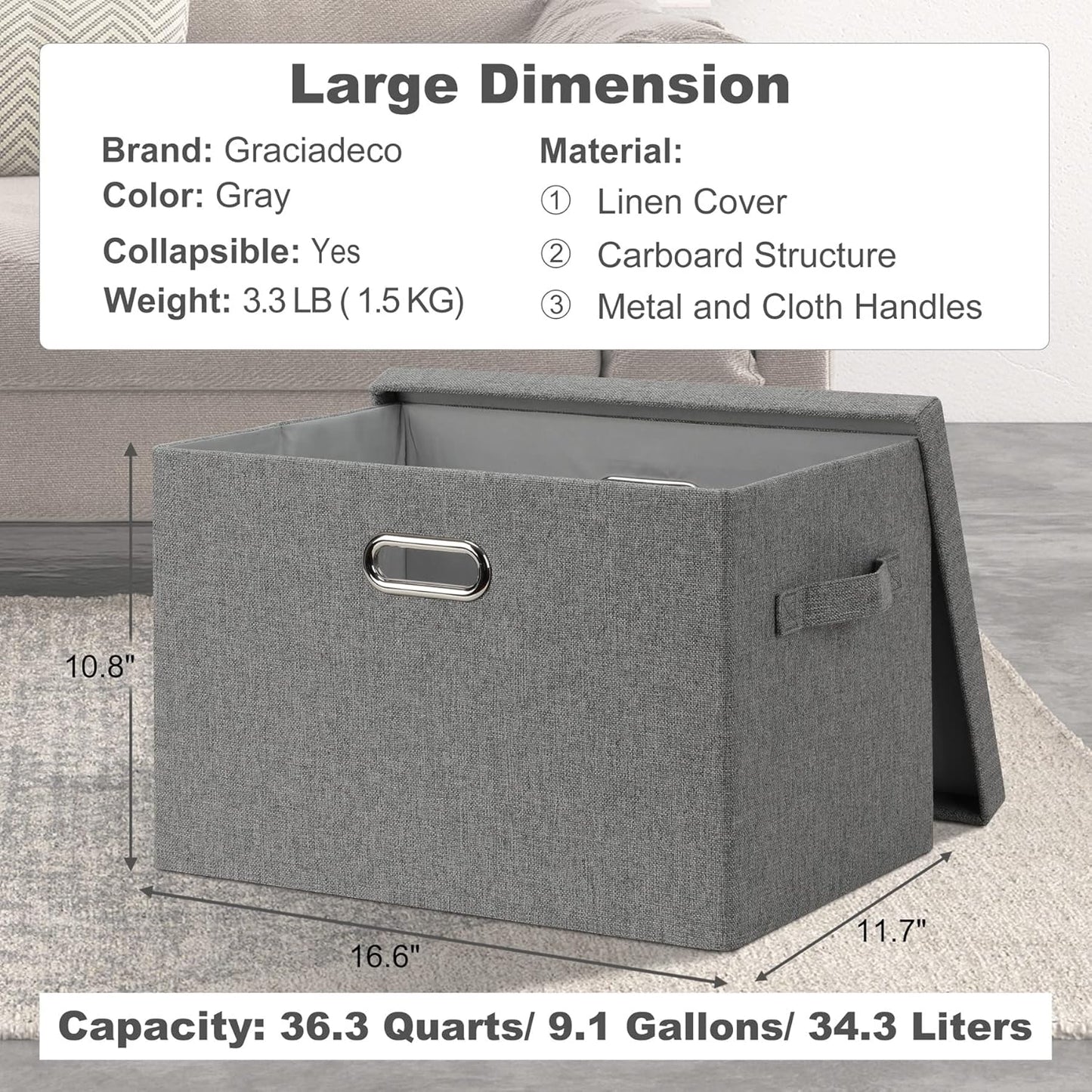 Large 17" 36 Quart Collapsible Stackable Storage Bins with Lids, 3 Packs Grey Linen Fabric Closet