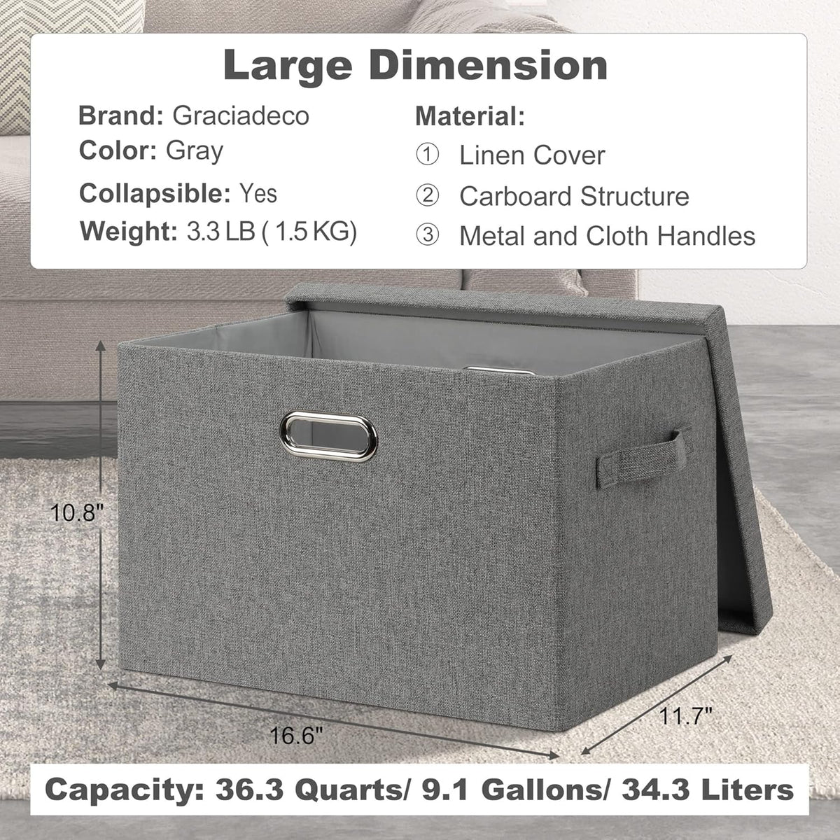 Large 17" 36 Quart Collapsible Stackable Storage Bins with Lids, 3 Packs Grey Linen Fabric Closet