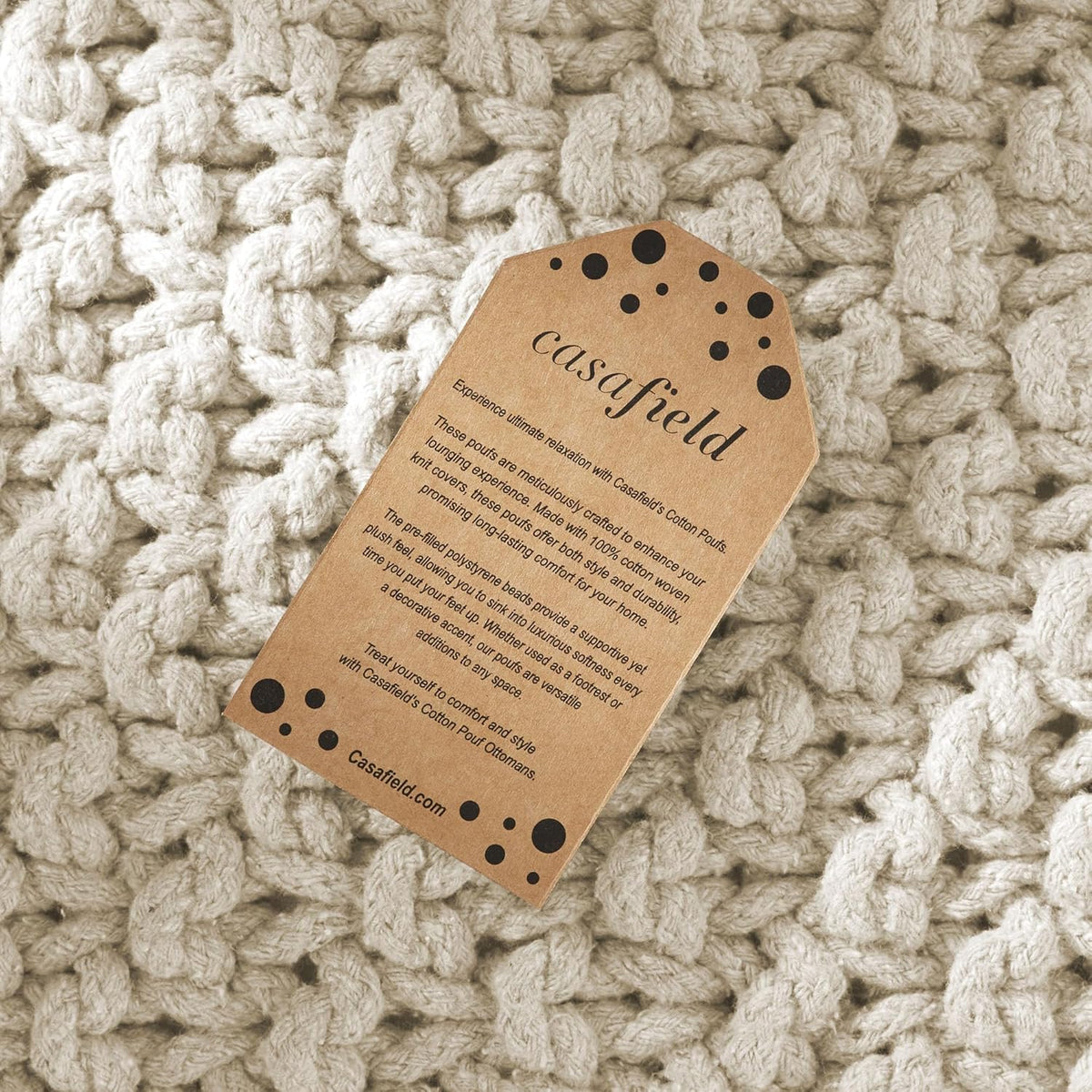 Casafield Square Pouf Ottoman, Natural - 18.5" W x 18.5" D x 14.5" H Cotton Knit Foot Stool - Boho
