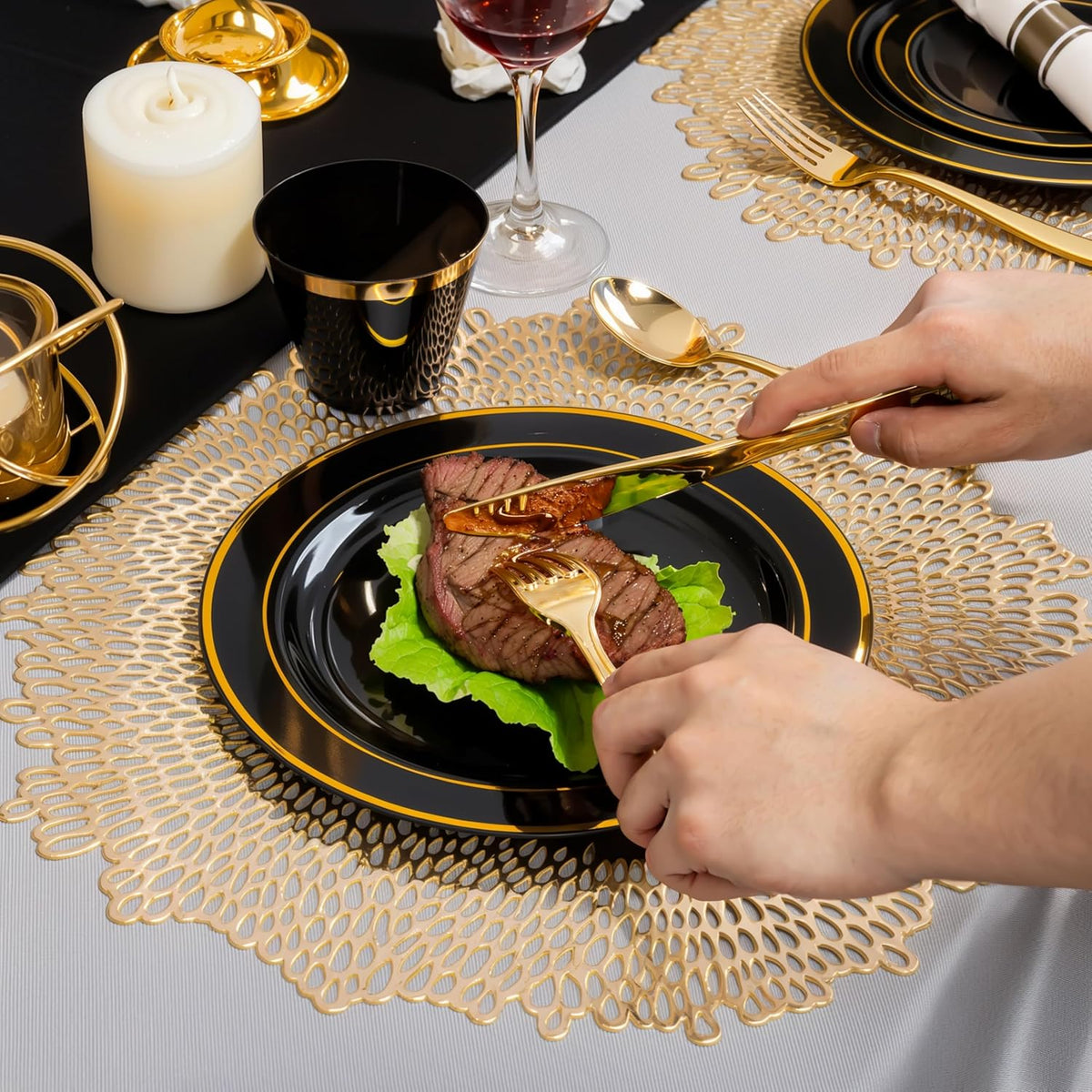 350 Pieces Black and Gold Plastic Plates with Disposable Silverware, Include 50 Dinner Plates 9”
