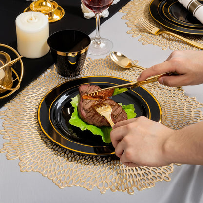 350 Pieces Black and Gold Plastic Plates with Disposable Silverware, Include 50 Dinner Plates 9”