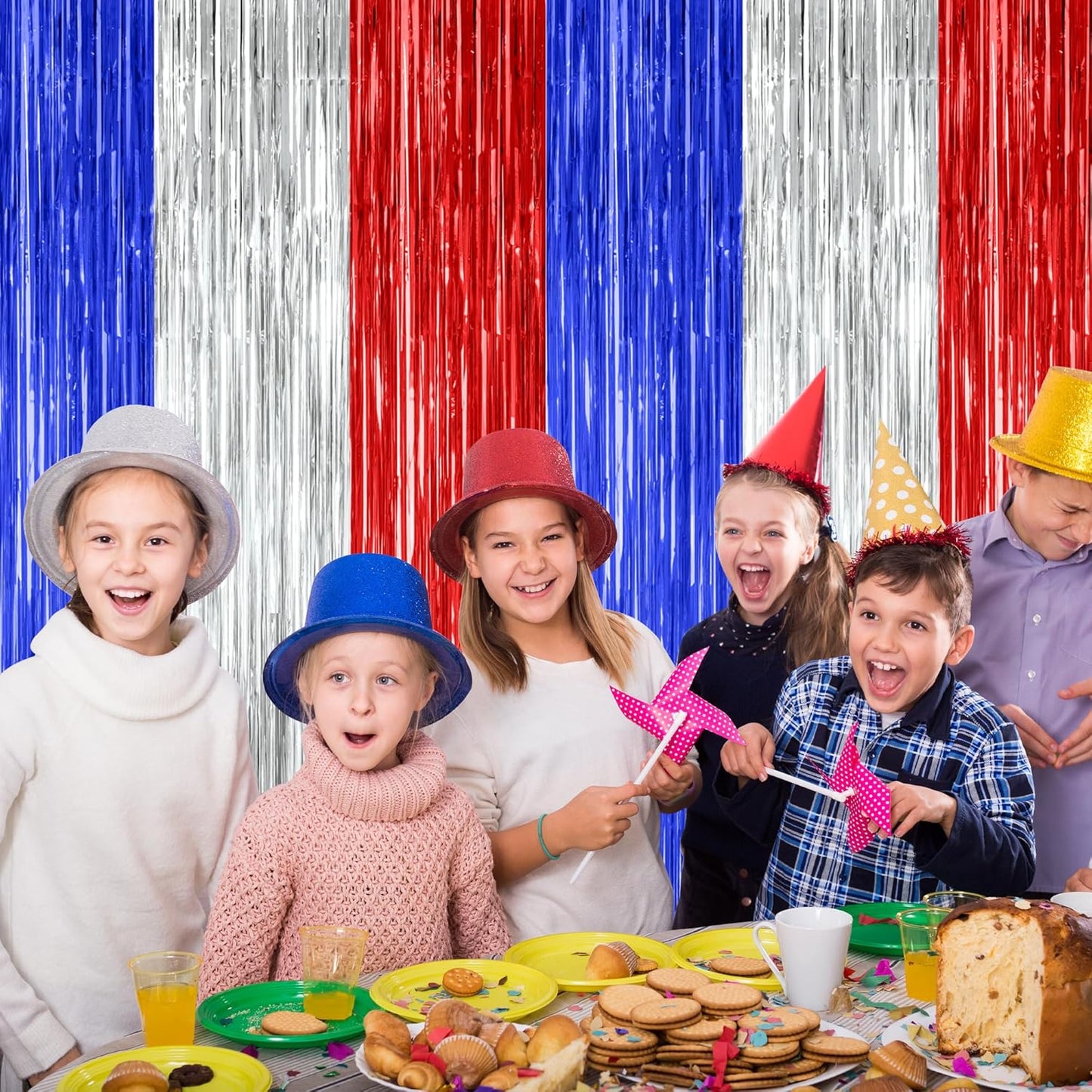 4 Pack 4th of July Decorations, 3.28 FT x 7.05 FT Independence Photo Backdrop, Metallic Blue Silver
