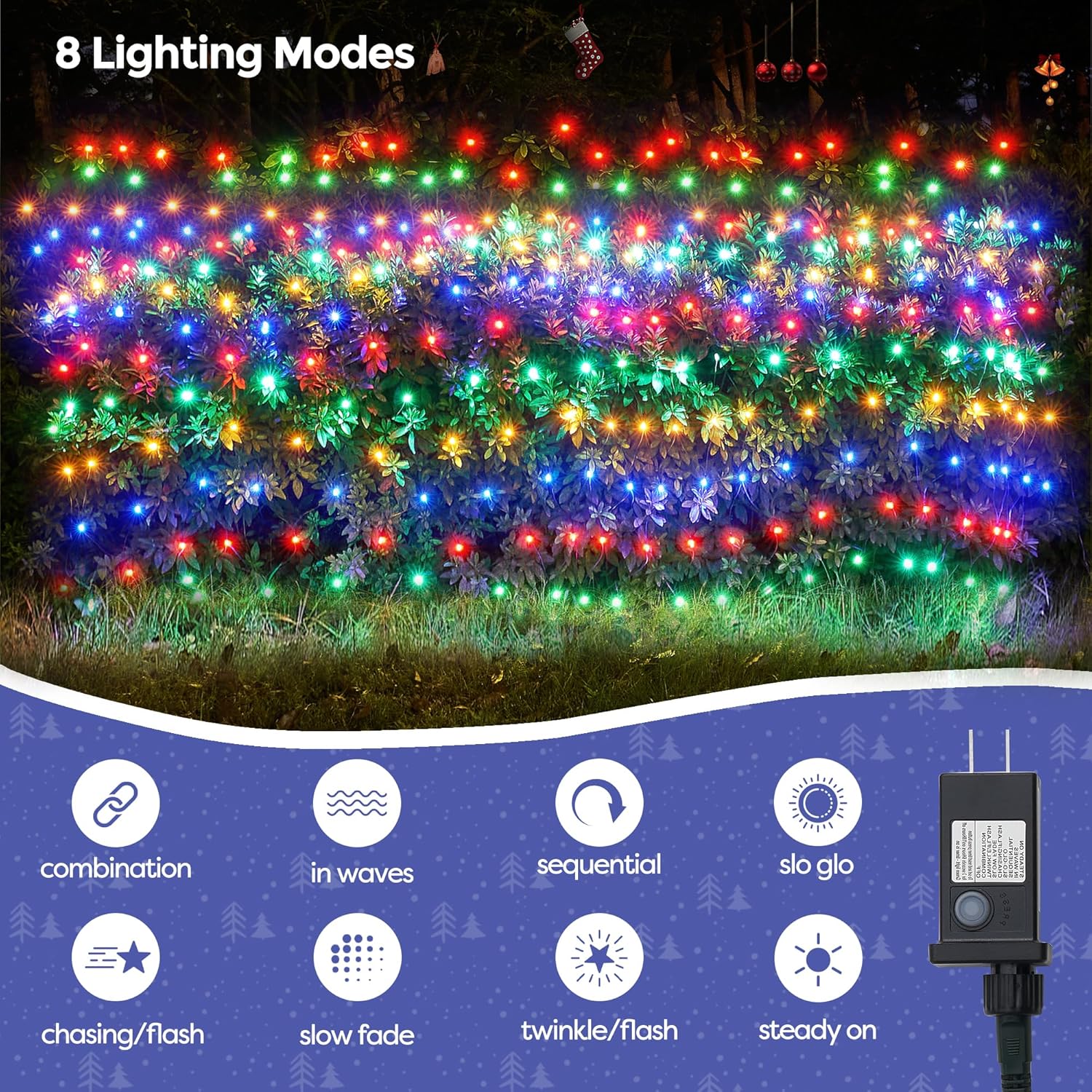 WBao Christmas Lights Outdoor 200LED F8 Big Bulbs, 8.4ft x 5.2ft Christmas Bushes Lights with 8