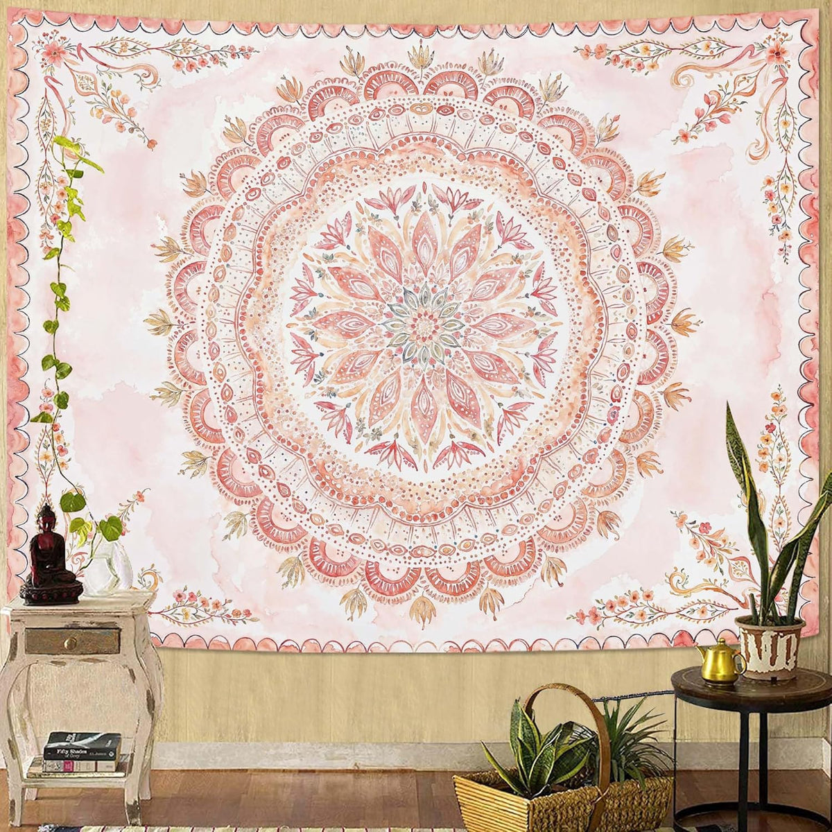 Fowocu Boho Floral Mandala Tapestry Wall Hanging Pink Bohemian Flower Medallion Tapestry Aesthetic