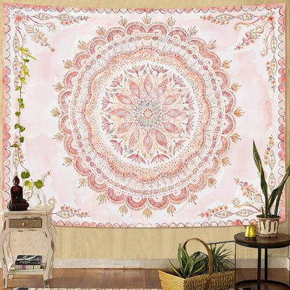 Fowocu Boho Floral Mandala Tapestry Wall Hanging Pink Bohemian Flower Medallion Tapestry Aesthetic