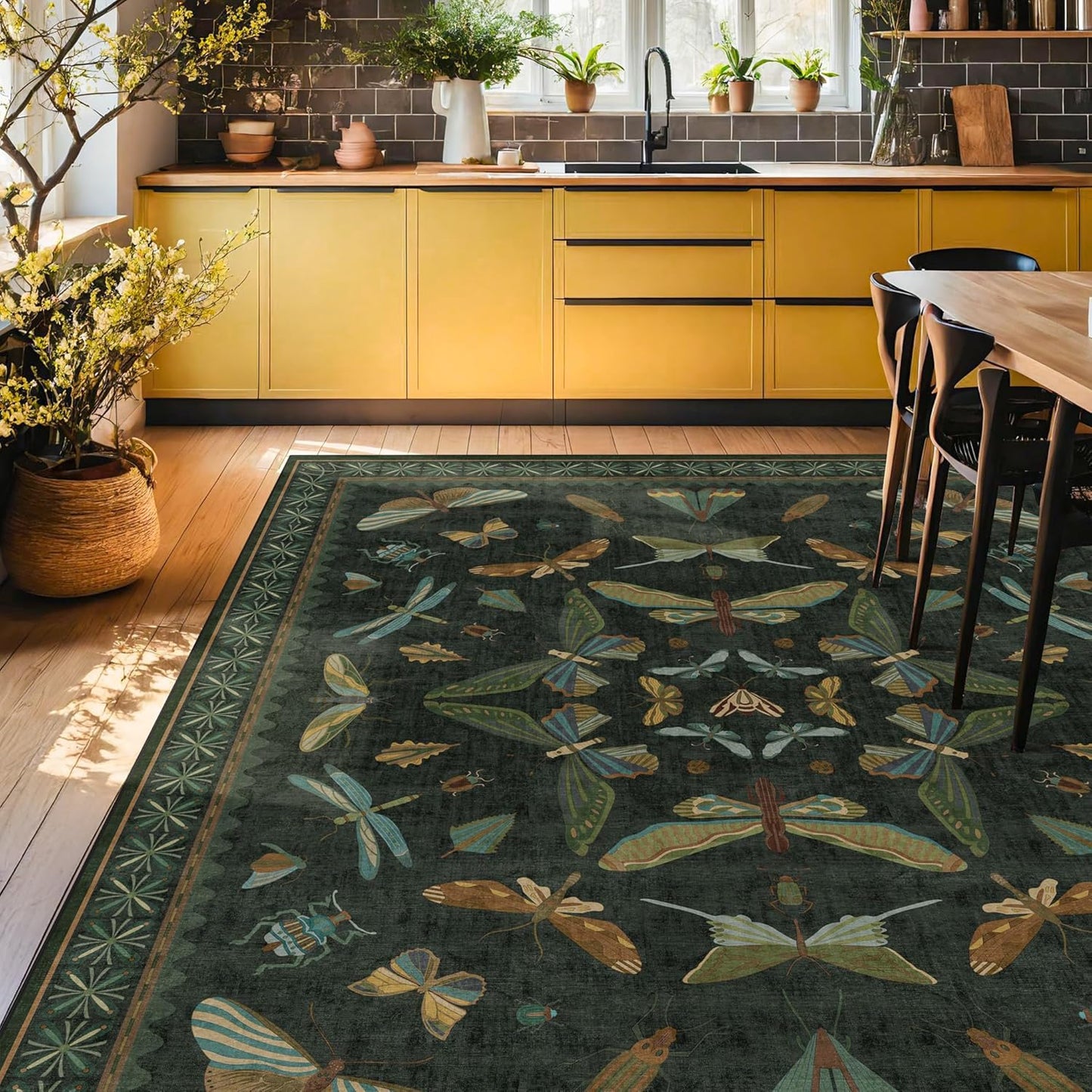 Green Living Room Rug - Vintage Washable Dark Green 10x14 Rug for Dining Room Under Table, Bedroom