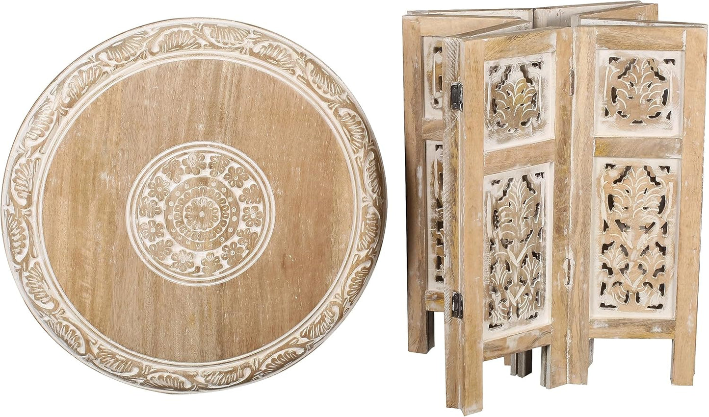 Lightnpro Hand Carved Solid Mango Wood Octagonal Accent Table - 18"×18" White Wash Farmhouse