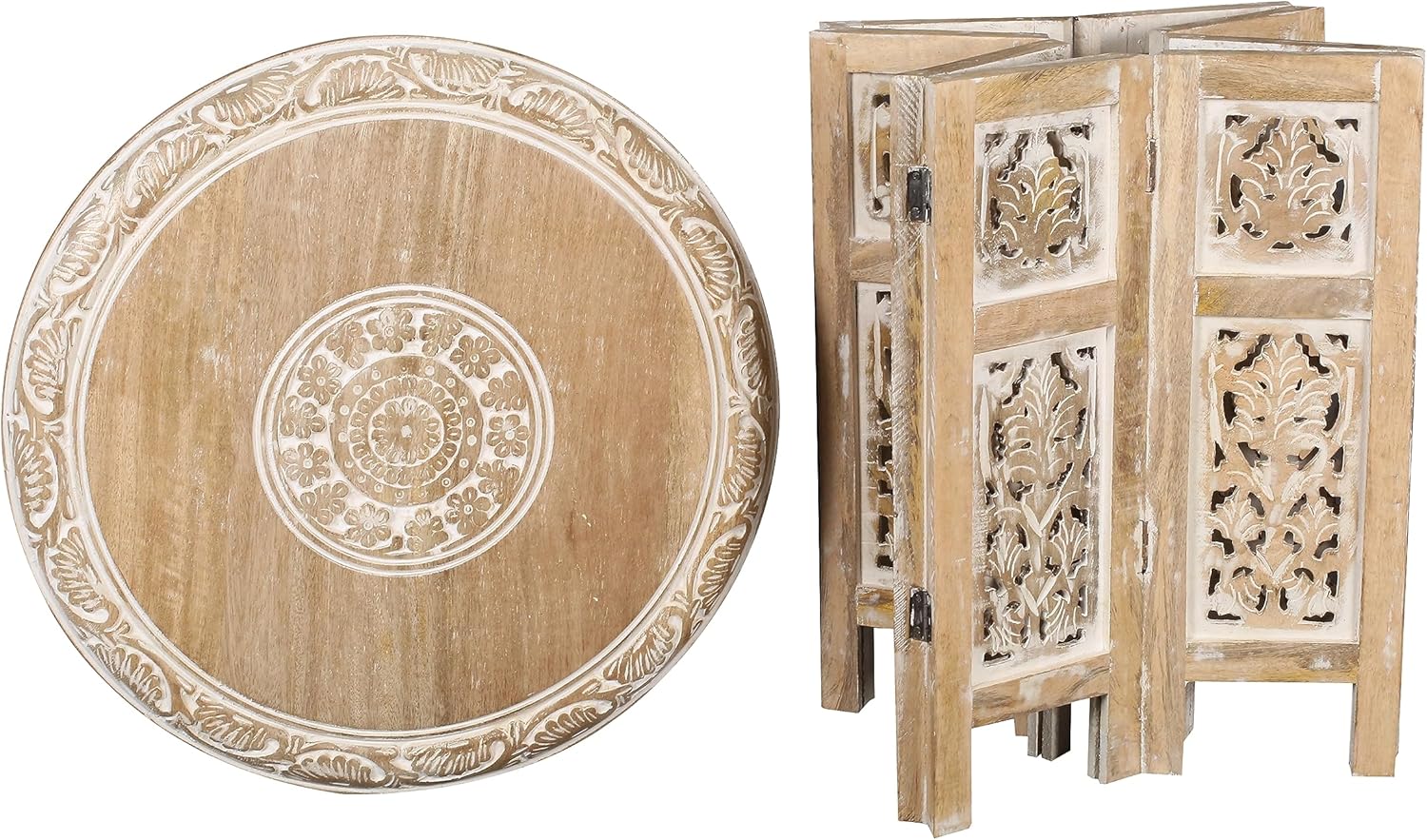 Lightnpro Hand Carved Solid Mango Wood Octagonal Accent Table - 18"×18" White Wash Farmhouse