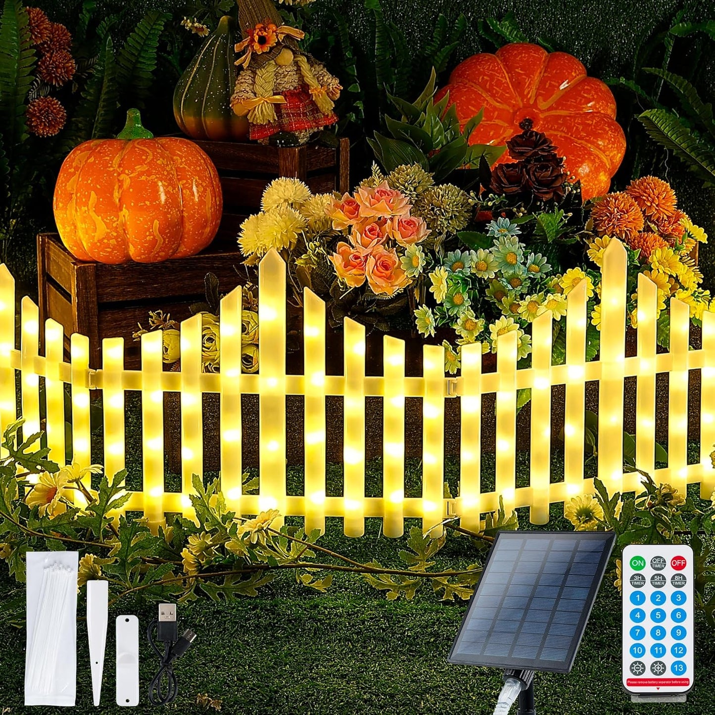 Hopolon 4 Pack Solar Garden Lights Outdoor, 11.1in (H) X 4.6ft (L) 144 Led White Picket Fence