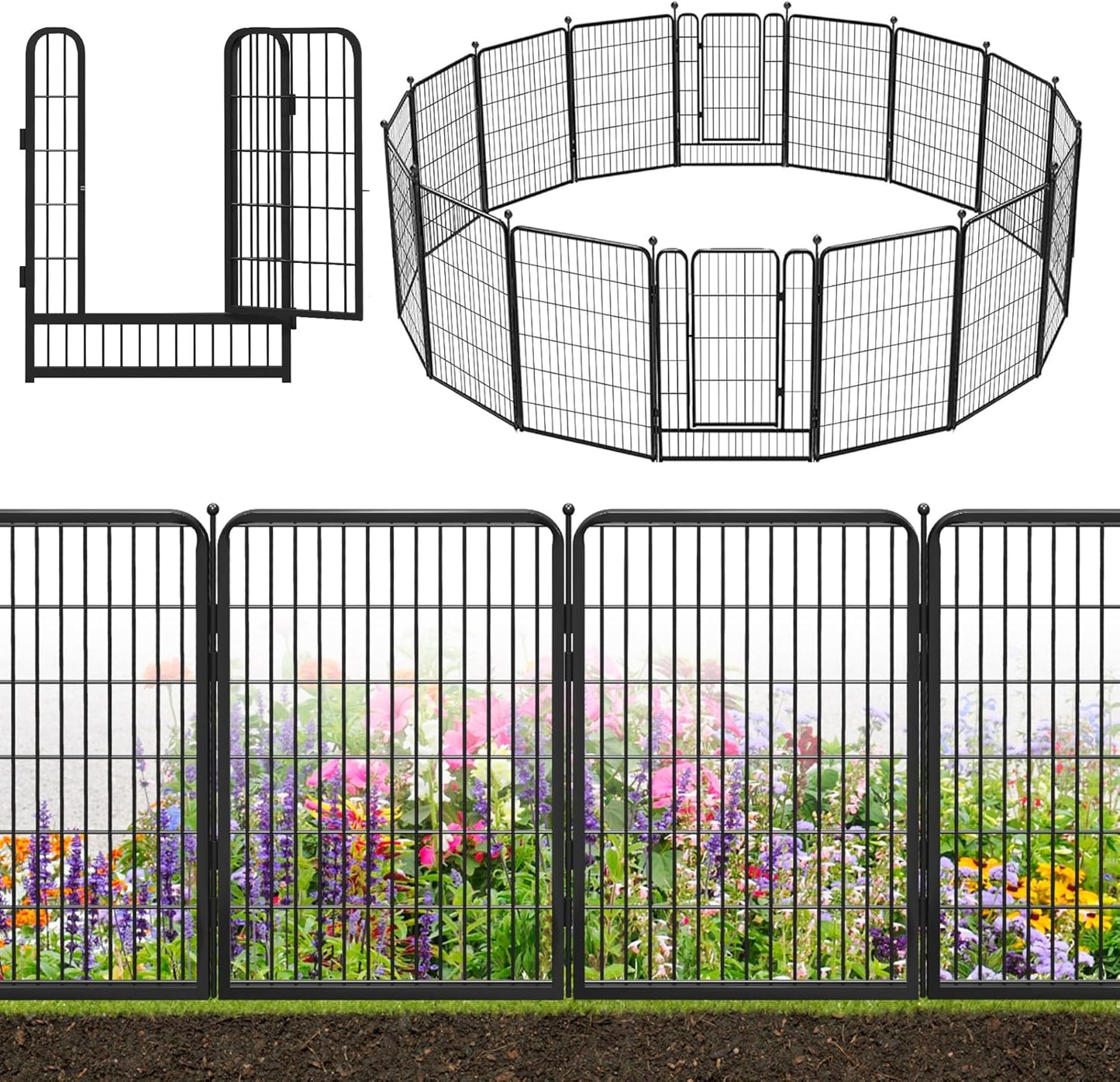 Decorative Black Metal Fencing Garden Fence with Gate, 36ft(L) 40in(H) 16 Fence Panels No Dig Fence
